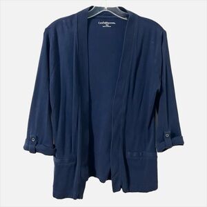 Croft & Barrow Open Front Cotton Jersey Knit Cardigan 3/4 Sleeves Navy Blue